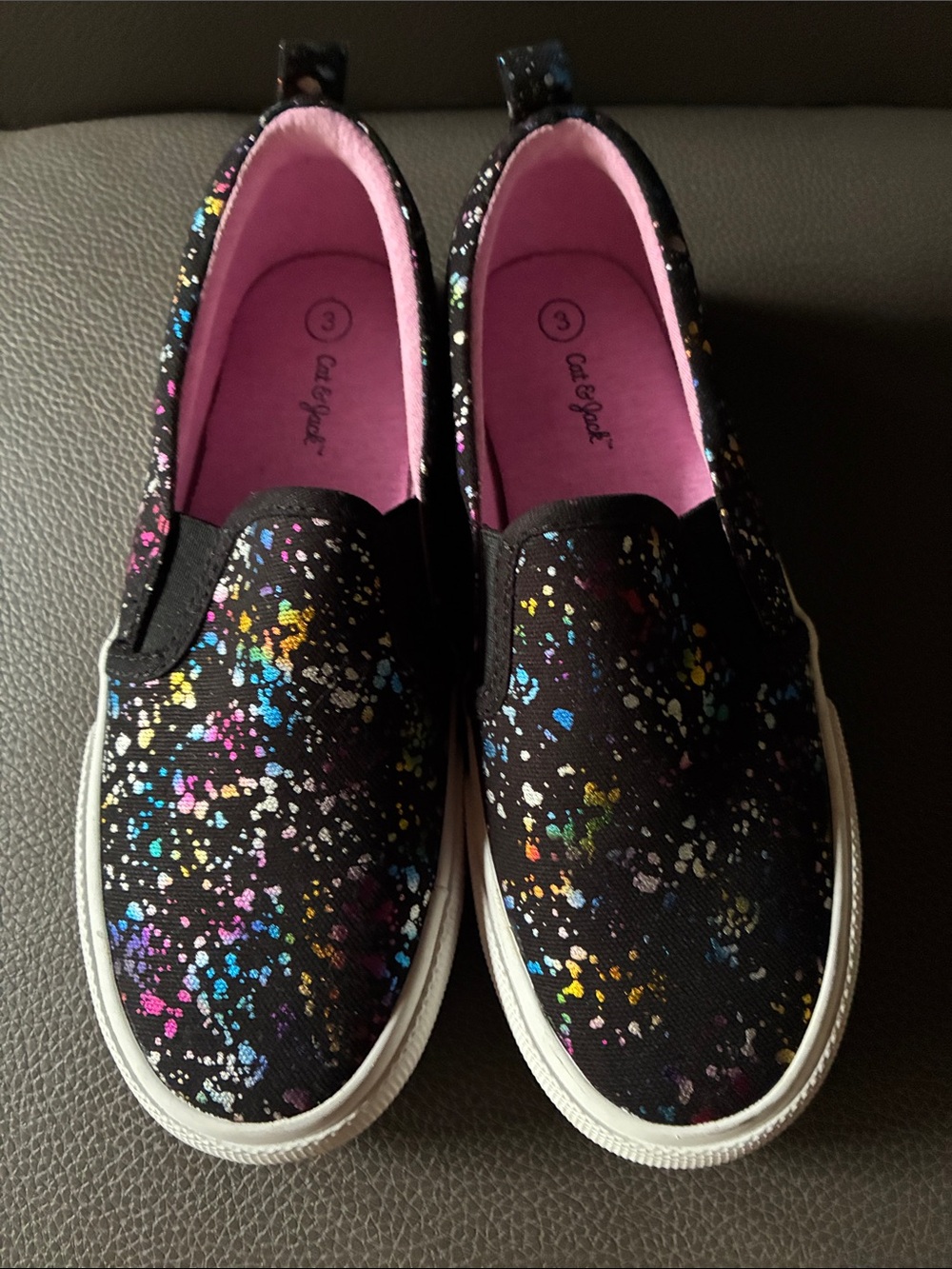 Cat & Jack Black Slip-On Sneakers with Pink Lining and Multicolor Paint Splatter